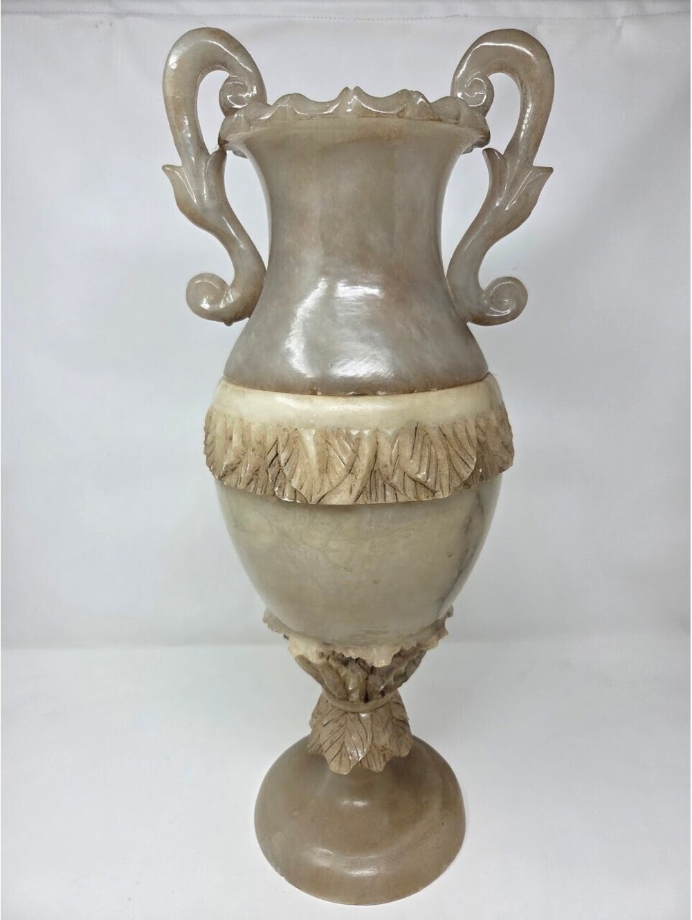 Antique Hand-Carved Alabaster Urn Lamp With Dual Handles And Leaf Motif